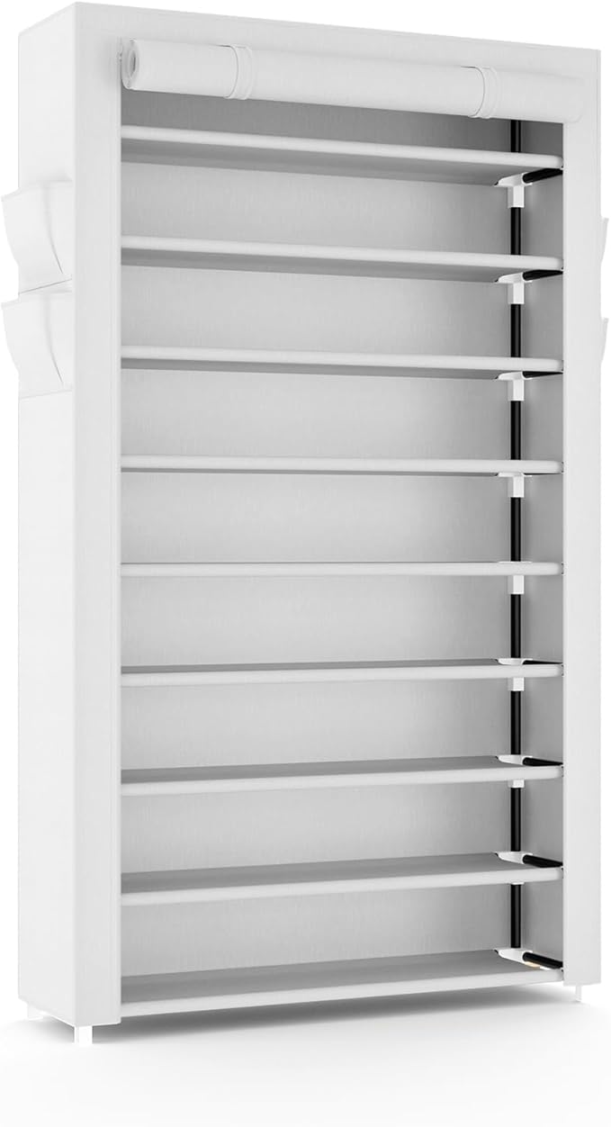 VILICK Shoe Rack with Cover Narrow Shoe Organizer with Pockets 10 Tier Tall Shoe Storage Holds 36-41 Pairs Shoes and Boots Sh