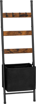HOOBRO Blanket Ladder with Basket, 17.3”L x 63.4”H, Towel Rack with Hooks, Blanket Holder Rack, Decorative Ladder Shelf, Dryi