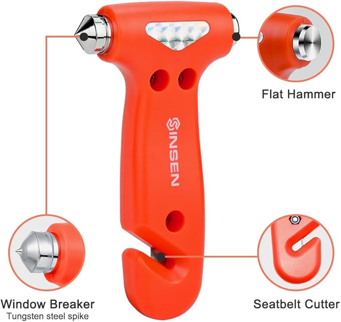 SENSEN Car Window Breaker Seatbelt Cutter, Emergency Escape Tool to Break Glass, Safety Hammer, 3-in-1, Orange
