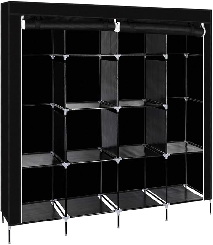 Karlhome 4-Tiers 12 Compartment Canvas Wardrobe, Portable Fabric With Shelves and Cover for Hanging Clothes, Clothes Rail Wit