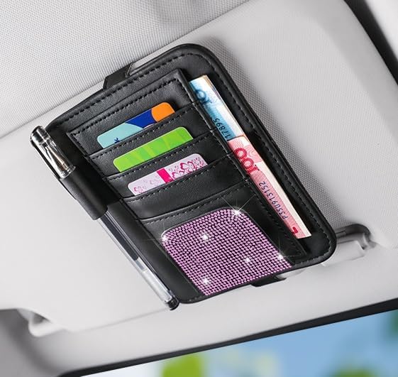 Bling Car Sun Visor Organizer, Rhinestone Multi-Pocket Truck Visor Organizer Pouch with Visor Pen Holder,Glasses Holder,Universal Sunvisor Organizers for Most Cars SUVs -Pink