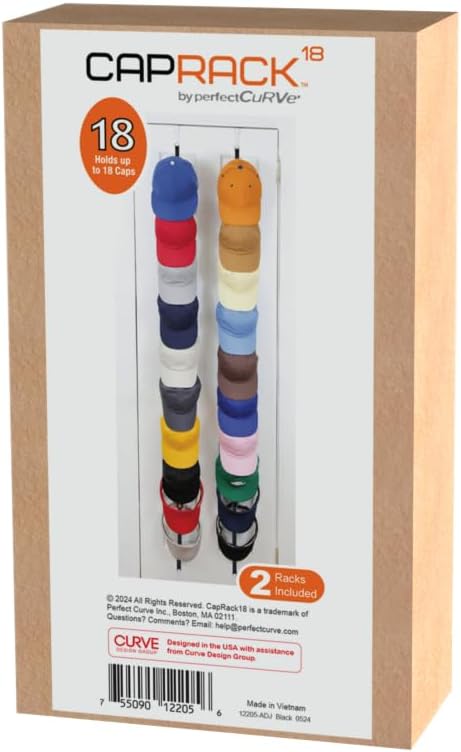 Perfect Curve CapRack | Over-The-Door Hat Organizer for Baseball Caps | 2 Straps, Holds 18-36 Adjustable Caps | Black