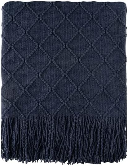 BATTILO HOME Navy Blue Throw Blanket with Fringe, Geometric Bed Blue Throws, Spring Decorative Large Throw for Couch Sofa Ind