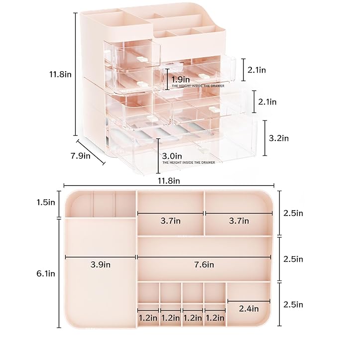 Pink Makeup Countertop Organizer,Large Capacity Make up Organizers for Vanity with 6 Drawer,Plastic Bathroom Skincare Organiz