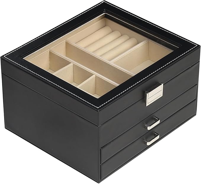 BOOVO Clear Lid Jewelry Box,3 Layers Jewelry Organizer Large Multi-Functional Jewelry Storage Box with 2 Drawers,Jewelry Disp