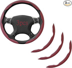 Steering Wheel Covers, 3PCs Leather Anti-Skid Clip on Car Steering Wheel Cover Protector Universal for Most Car Wheel (Burgun