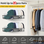 Metal Hat Rack for Wall, 2-Pack Hat Organizer for Baseball Caps Holds 20 Hats, Wall Mounted Hat Storage Holder Display, No Dr