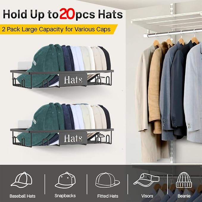 Metal Hat Rack for Wall, 2-Pack Hat Organizer for Baseball Caps Holds 20 Hats, Wall Mounted Hat Storage Holder Display, No Dr