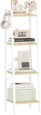 Hzuaneri Ladder Shelf, Bookshelf Bookcase, Freestanding Corner Storage Shelve with 2 Hooks for Home Office, Living Room, Kitc