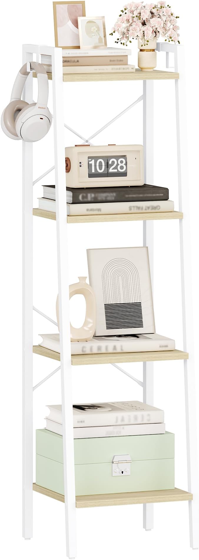 Hzuaneri Ladder Shelf, Bookshelf Bookcase, Freestanding Corner Storage Shelve with 2 Hooks for Home Office, Living Room, Kitc