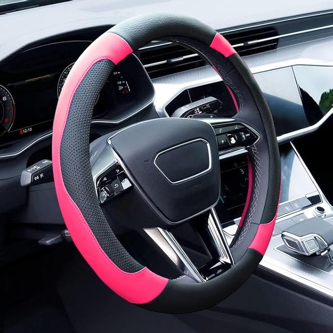 Xizopucy Pink Steering Wheel Cover Microfiber Leather Sporty Car Accessories for Men and Women,Breathable Non-Slip Universal 