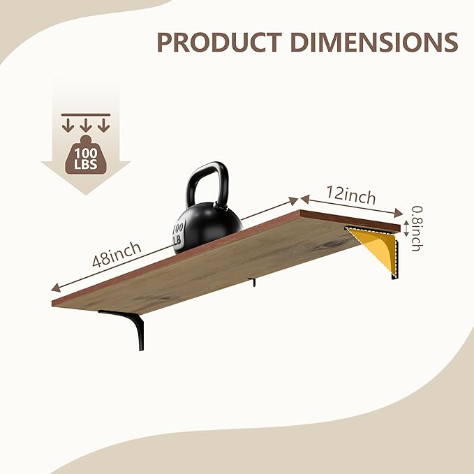 12 Inch Deep Floating Shelves Set of 4, 48 Inch Extra Wide Brown Solid Wood Wall Shelves, 4ft Heavy Duty Farmhouse Wall Mount