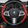 Customized Steering Wheel Cover Compatible with BMW, Nappa Leather & Carbon Fiber Design Car Steering Wheel Cover, with Coasters and 3-in-1 USB Fast Charging Cable (Red)
