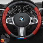 Customized Steering Wheel Cover Compatible with BMW, Nappa Leather & Carbon Fiber Design Car Steering Wheel Cover, with Coasters and 3-in-1 USB Fast Charging Cable (Red)