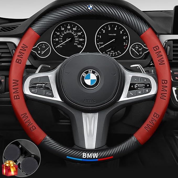Customized Steering Wheel Cover Compatible with BMW, Nappa Leather & Carbon Fiber Design Car Steering Wheel Cover, with Coasters and 3-in-1 USB Fast Charging Cable (Red)