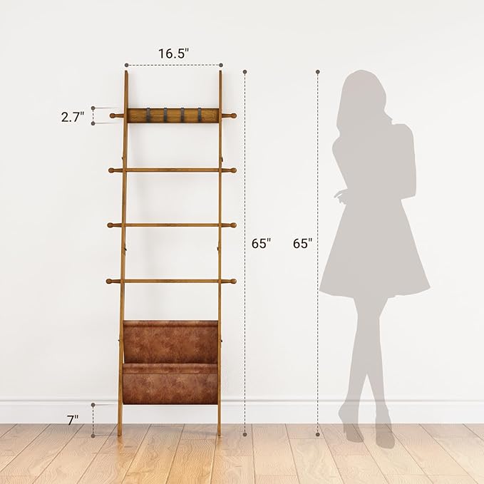 ELYKEN Blanket Ladder, 5-Tier Farmhouse Wooden Rack with Synthetic Leather Pocket, 4 Removable Hooks, Decorative Leaning Ladd