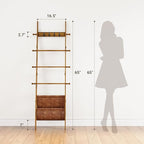 ELYKEN Blanket Ladder, 5-Tier Farmhouse Wooden Rack with Synthetic Leather Pocket, 4 Removable Hooks, Decorative Leaning Ladd