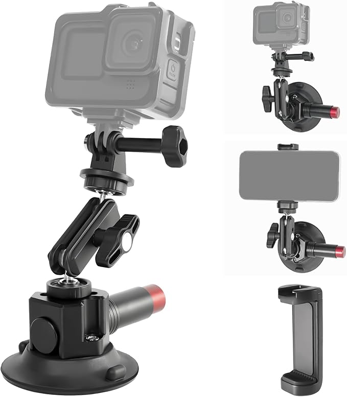 CNC Machined 3in Camera Suction Cup Mount with Adjustable Magic Arm, 1/4" ARRI Holes Quick Release Car Mount with Phone Holder & Action Camera Adapter Compatible with DJI OSMO Pocket 3 Insta360 iPhone