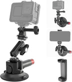 CNC Machined 3in Camera Suction Cup Mount with Adjustable Magic Arm, 1/4" ARRI Holes Quick Release Car Mount with Phone Holder & Action Camera Adapter Compatible with DJI OSMO Pocket 3 Insta360 iPhone
