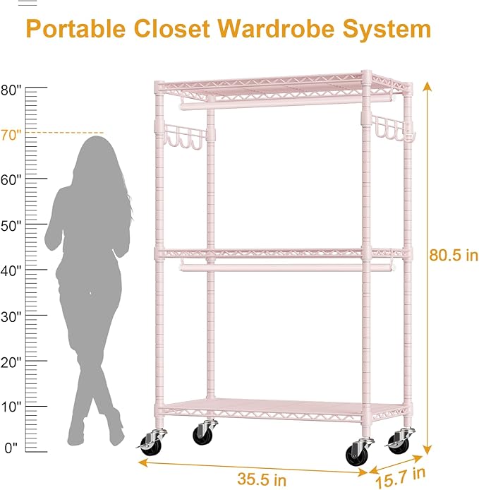 ULIFHOME P1 Rolling Closets with Wheels and Shelves, Portable Closet Wardrobe for Clothes Hanging, Pink Clothing Storage and 