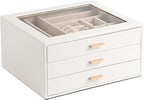 Jewelry Box with Glass Lid,3-Layer Jewelry Boxes for Women,PU Leather Jewelry Organizer with 20-Grid Earring Drawer & Movable