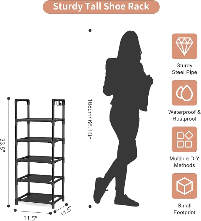 LANTEFUL Narrow Shoe Rack 5 Tier Shoe Shelf Storage for 5-10 Pairs Shoe and Boot, Sturdy Shoe Storage Space Saving Corner Sho
