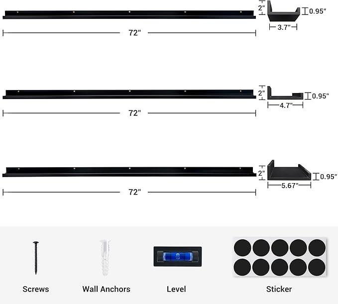 Axeman 72 Inch Floating Shelves | Black Picture Ledge Shelf Set of 3 | Rustic Wood Wall Shelves with Lip | 72" Black Picture 