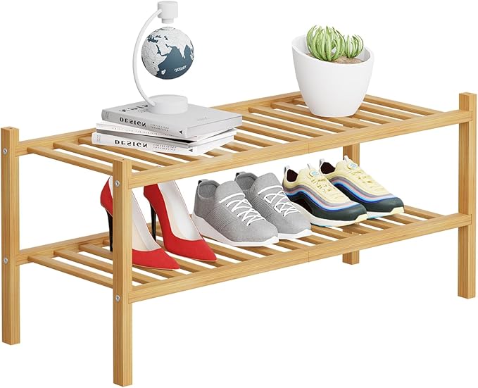 2 Tier Bamboo Shoe Rack Storage Organizer for Closet, Multifunctional Stackable Free Standing Shoe Shelf Organizer for Small 