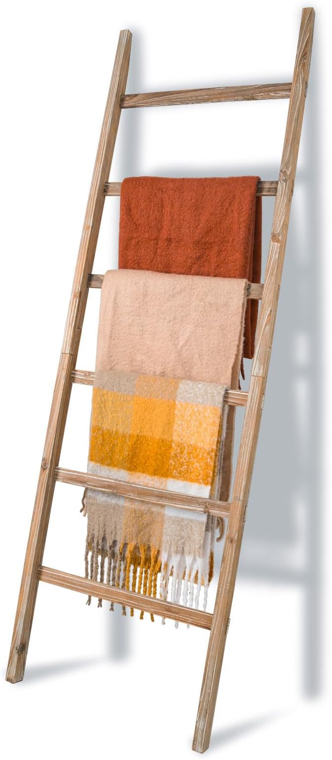 Blanket Ladder 6.4FT, Wooden Blanket Ladders for The Living Room, 6-Layer Farmhouse Rustic Towel Rack for Living Room Bathroo