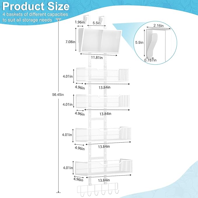 Hongtamoya Adjustable Over The Door Organizer, Hanging Door Storage with PVC Pocket and 4 Metal Baskets Wall Mount, Closet Do