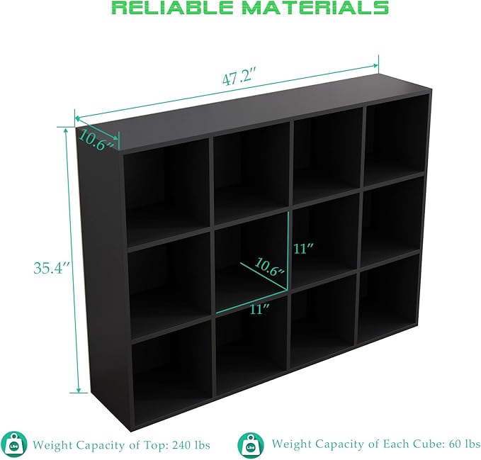 OSCHF 12-Cube Storage Shelf Bookcase - Wooden 3-Tier Floor Standing Open Bookshelf for Home and Office, Display Cabinet, Blac