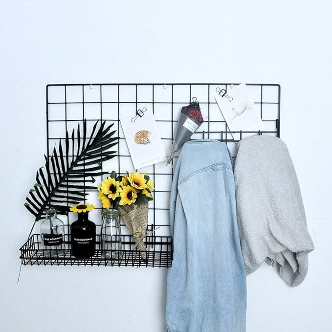 Black Metal Wire Hanging Basket, Multifunction Creative Mesh Wall Grid Holder Storage Organizer Plant Holder Shelf Flower Pot