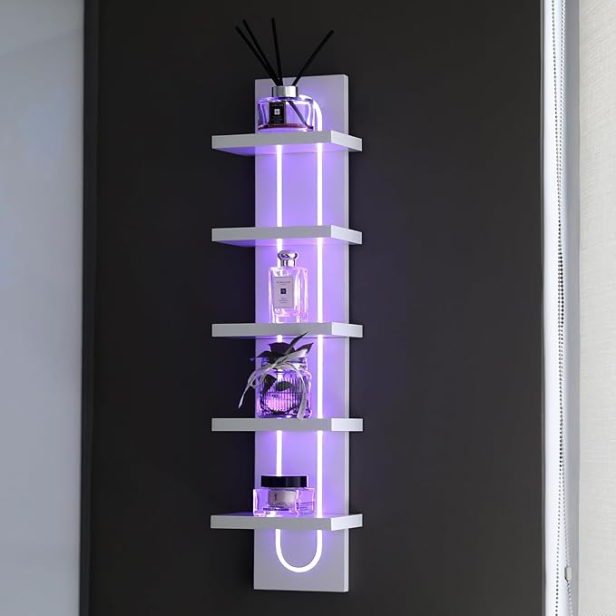 Exclusive U-Shaped 5-Tier Compact Narrow Wall Shelf Unit with RGB Lighting, Modern Vertical Shelf for Vanity, Ideal for Anime