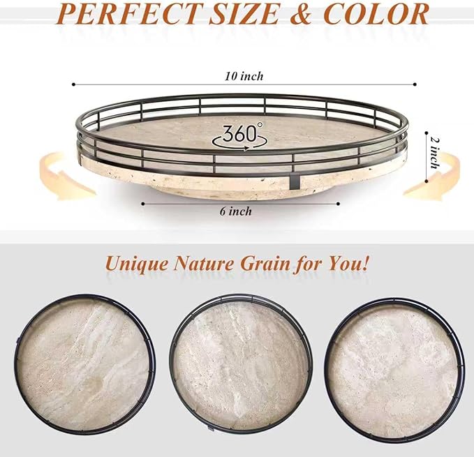Italian Natural Travertine Lazy Susan Turntable for Table Top – 10” Round Marble Tray Organizer for Bathroom, Vanity, Dining 