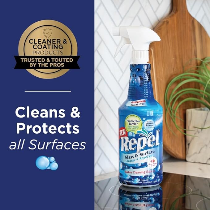 Clean-X New REPEL Glass and Surface Cleaner with Barrier Technology- 32 fl. oz. – 12 Pack Cleans and repels water and soil- P