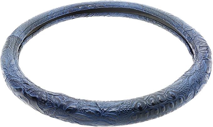 Car Steering Wheel Cover Universal 15 Inch Middle Size Auto Anti-Slip Leather Wheel Protector with Flower Grain Design Blue Style
