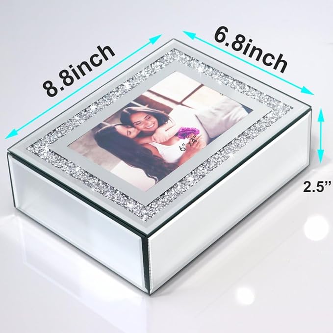Qmdecor Crushed Diamond Mirrored Jewelry Box With Photograph 4x6inch On Top, Silver Glass Bling Jewelry Organizer Photo Pictu