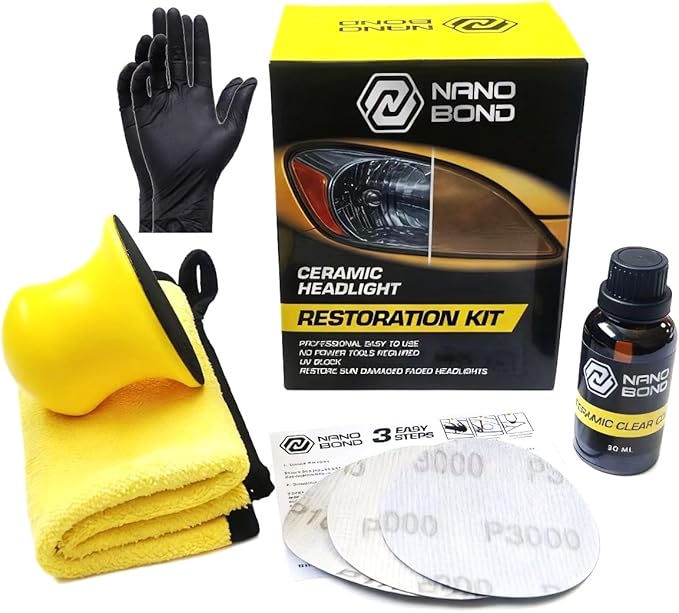 Nano Bond Ceramic Headlight Restoration Kit - No Power Tools Needed, Self-Leveling Headlight Clear Coat, 3 Easy Steps, Remove