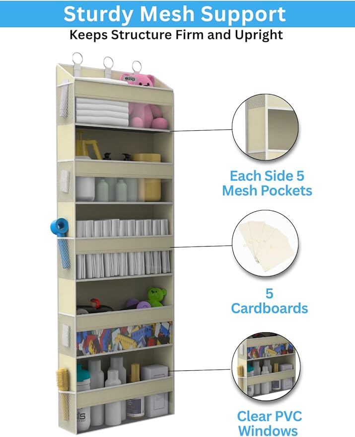 Over the Door Organizer with 5 Large Pockets & 10 Mesh Side Pockets – Durable Hanging Storage for Closet, Bathroom, Bedroom, 
