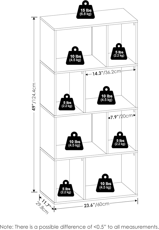 Furinno DALY Book Shelf, 8-Cube Bookshelf, Cube Storage Organizer Bookcase with Irregular Compartments, 11.7 x 23.6 x 49, for