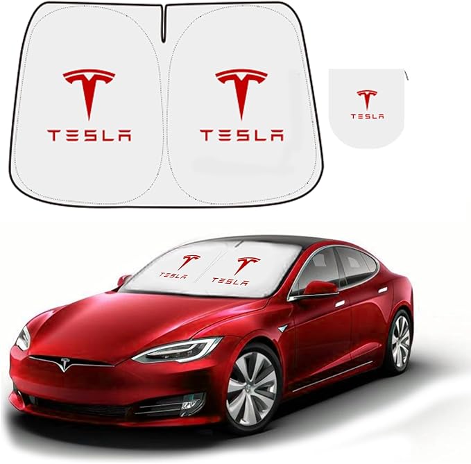 300T Sunshade for Tesla Model Y Model 3, Car Accessories 2026 for Tesla, Front Window Sunshade with Organizer Bag, Gifts for Tesla Owners