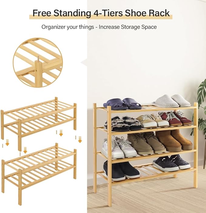 WKWKER 4-Tiers Bamboo Shoe Rack Stackable Free Standing Shoe Racks Portable Shoe Storage Organizer Stackable Shelf for Entryw