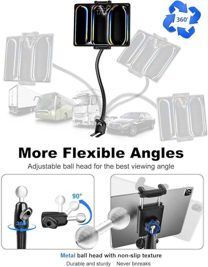 Tablet Holder for Car or Truck Seat Rail Mount Long 19.7" Gooseneck Arm Heavy Duty Car Floor Tablet Stand for iPad Pro 12.9 Air Mini, Samsung Galaxy Tab, iPhone, More 4-13" Phones & Tablets