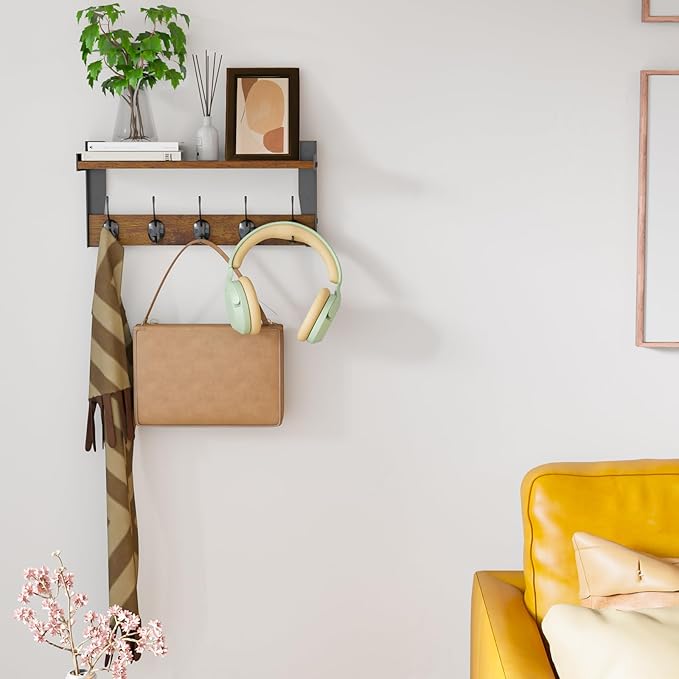 Wall Hooks with Shelf, Wood Coat Rack with Shelf Wall-Mounted, Entryway Hanging Shelves with 5 Metal Hooks for Clothes Hats T