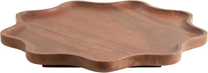 Kate and Laurel Alezar Mango Wood Wavy Round Lazy Susan Tray, 18 Inch Diameter, Walnut Brown, Scalloped Wooden Countertop Org