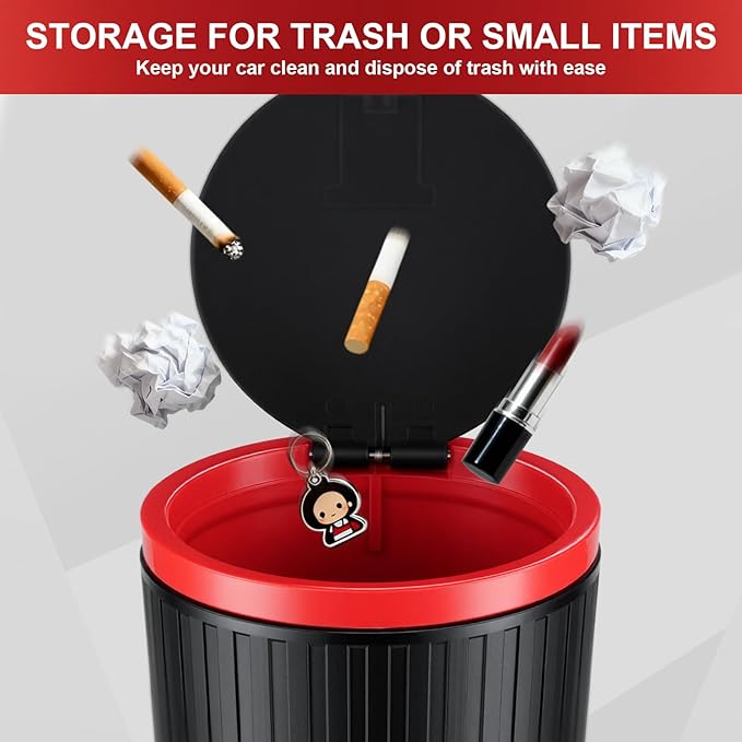 SINGARO Car Trash Can with Lid, Leakproof Mini Garbage Bin for Car Cup Holder, Small Trash Can for Vehicle, Home & Office - Includes 30 Bags, Easy Clean (Black-Red)
