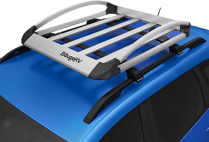 BougeRV Anti-Rust Aluminum Roof Basket 47''x40''x8'' Lightweight Universal Rooftop Cargo Carrier Roof Rack Cargo Basket with Wind Fairing, Roof Rack for SUV Pick Up Truck,150LBS Load Capacity, Silver
