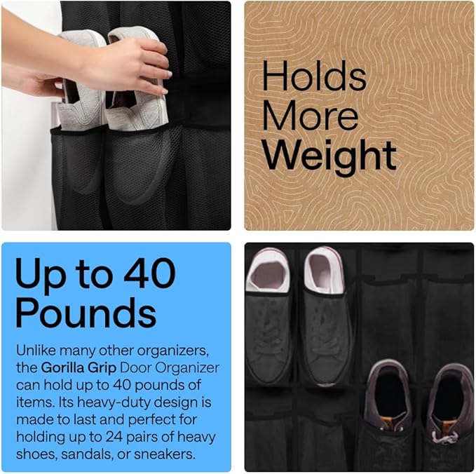 GORILLA GRIP Over the Door Shoe Organizer, 24 Large Breathable Mesh Pockets, Space Saving Hanging Storage Holder, Closet Rack