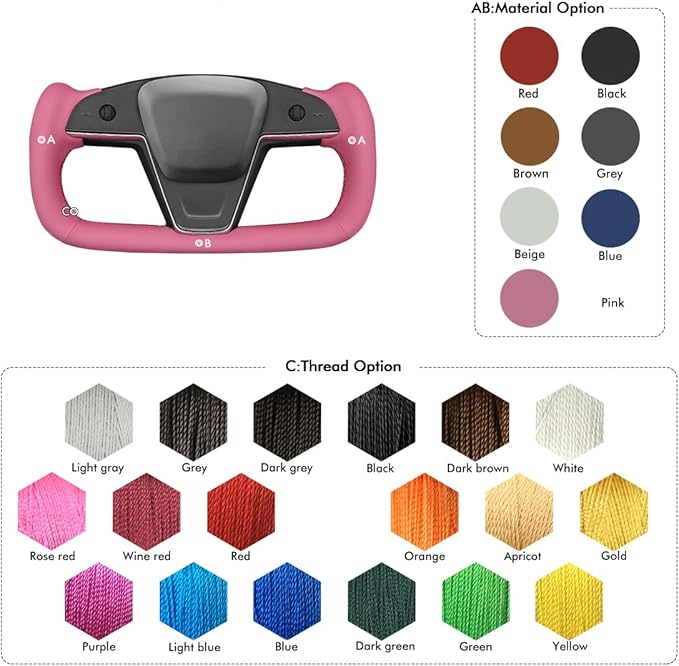 MEWANT Hand Stitched Pink Leather Tesla Model S Yoke Steering Wheel Cover Wrap for Tesla Model S 2021-2023 / Model X 2021-2023 Tesla Yoke Steering Wheel Accessories