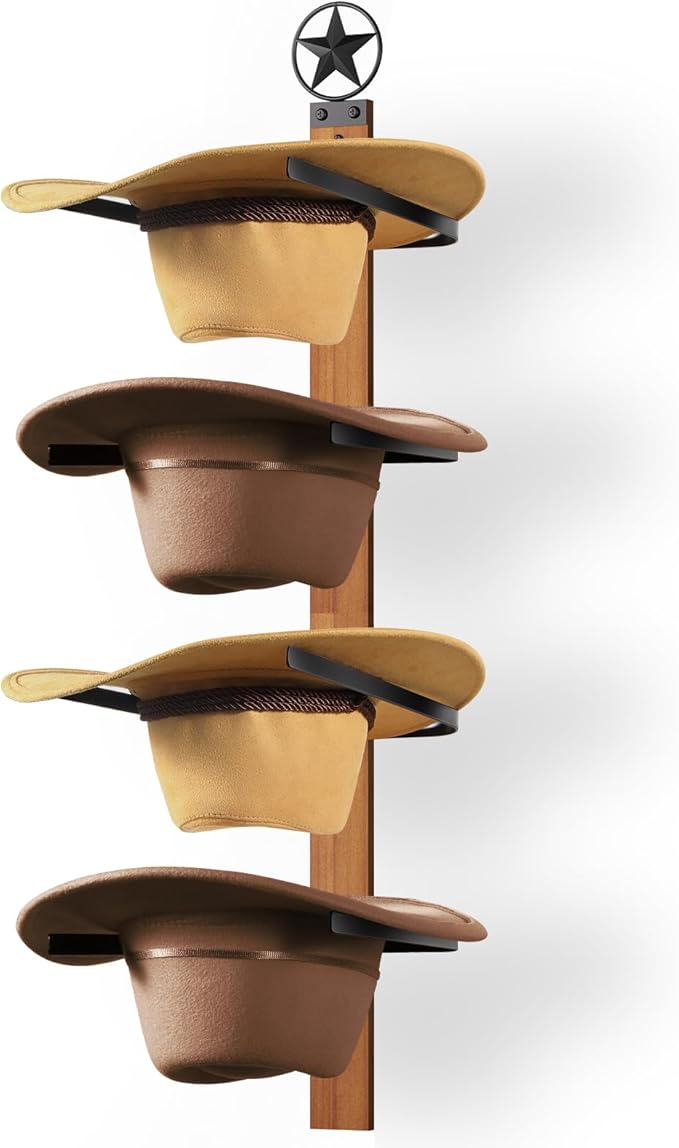 Cowboy Hat Rack, 4-Piece Western Hat Rack For Wall with Natural Wooden Board, Gift Cowboy Hat Holder for Wall Décor Keeps Ori